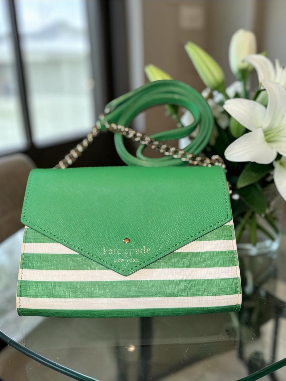 Kate Spade STORYBOOK LINED Mini Green and White Striped Crossbody Bag